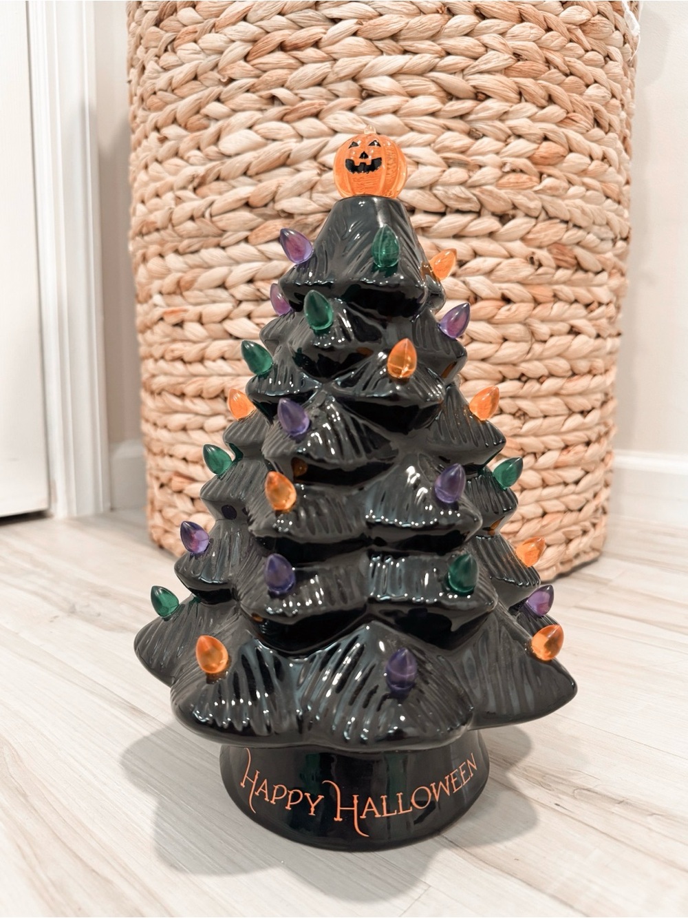 Happy Halloween Black Ceramic Tree with Orange Pumpkin Topper - battery operated